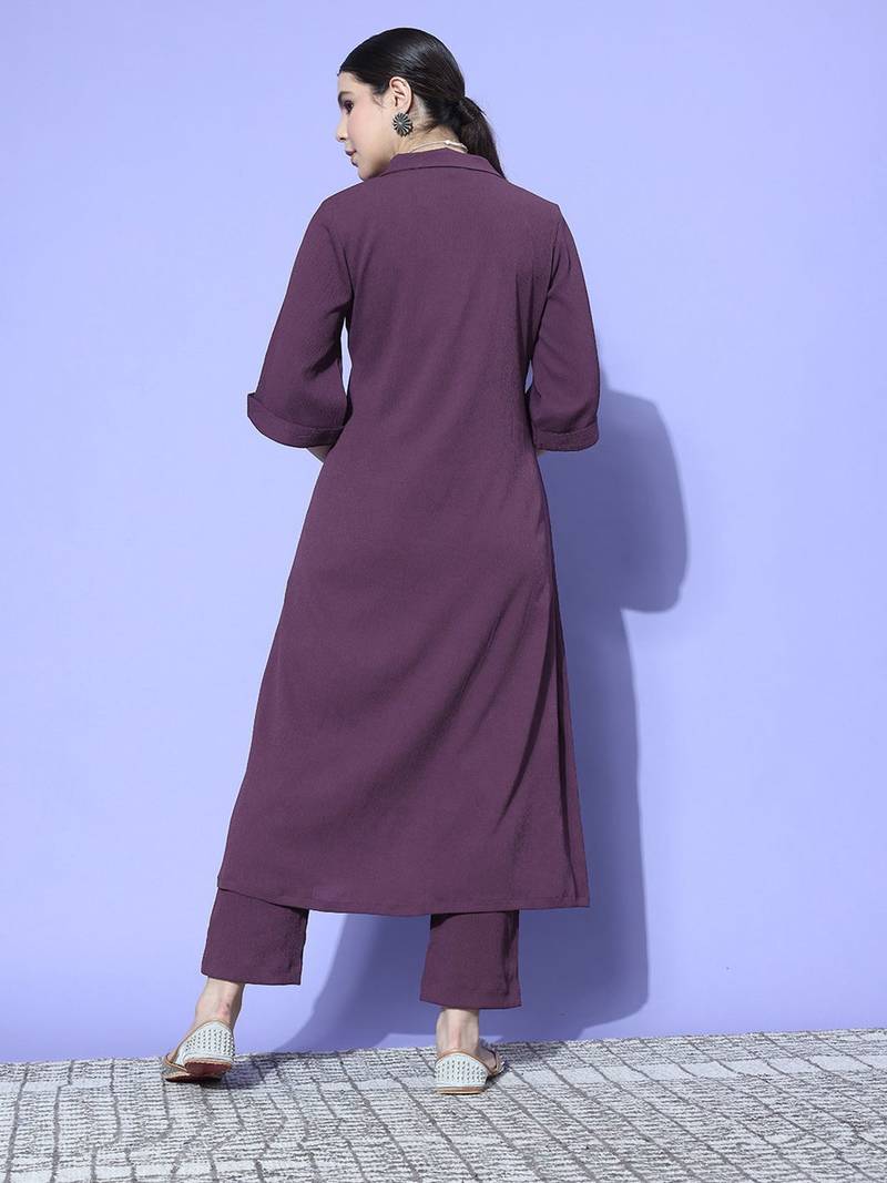 Purple Textured A line Front Placket Flared Sleeve Kurta with Kurta