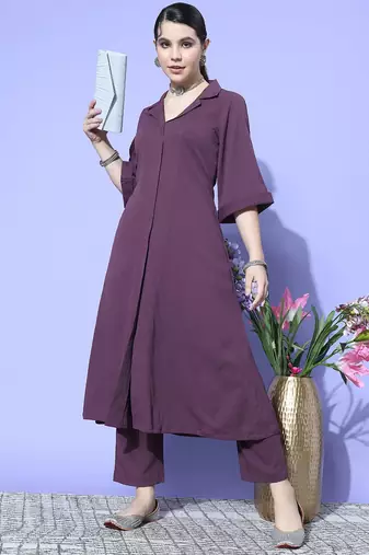 Purple Textured A line Front Placket Flared Sleeve Kurta with Kurta
