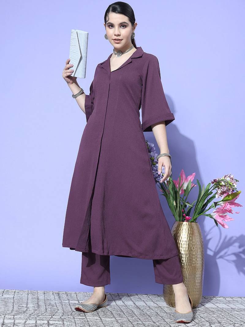 Purple Textured A line Front Placket Flared Sleeve Kurta with Kurta