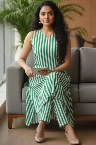 Women Striped Regular Kurta with Trousers