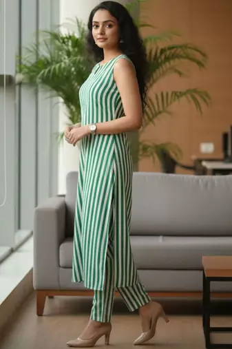 Women Striped Regular Kurta with Trousers