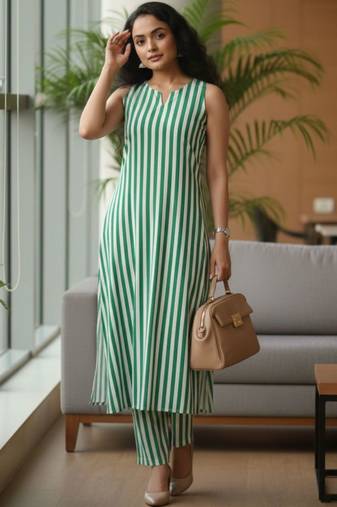 Women Striped Regular Kurta with Trousers