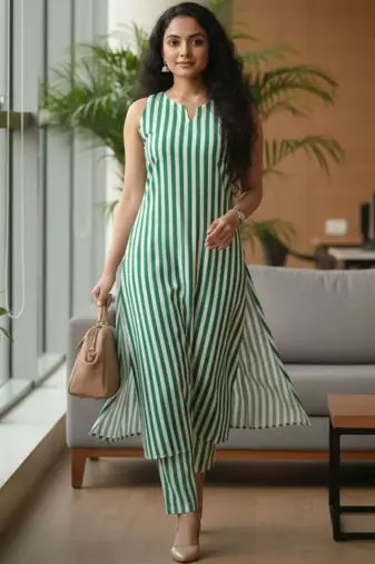 Women Striped Regular Kurta with Trousers