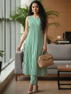 Women Striped Regular Kurta with Trousers 5
