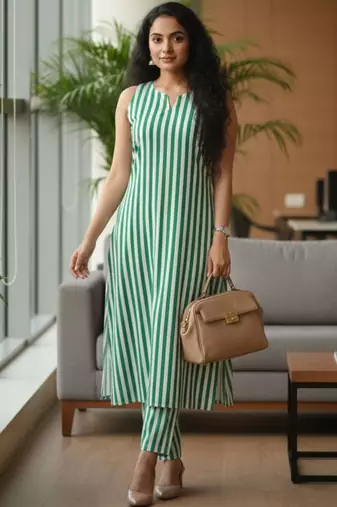 Women Striped Regular Kurta with Trousers