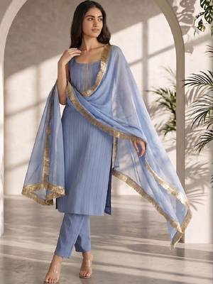 Women Ethnic Motifs Yoke Design Regular Thread Work Silk Crepe Kurta with Trousers & With Dupatta 1