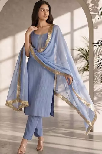 Women Ethnic Motifs Yoke Design Regular Thread Work Silk Crepe Kurta with Trousers & With Dupatta