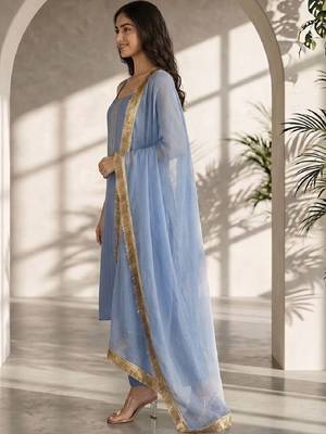 Women Ethnic Motifs Yoke Design Regular Thread Work Silk Crepe Kurta with Trousers & With Dupatta 2