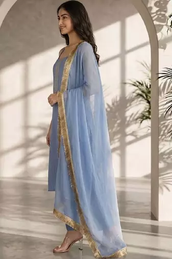 Women Ethnic Motifs Yoke Design Regular Thread Work Silk Crepe Kurta with Trousers & With Dupatta