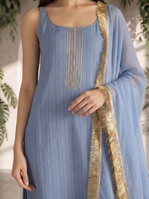 Women Ethnic Motifs Yoke Design Regular Thread Work Silk Crepe Kurta with Trousers & With Dupatta 5