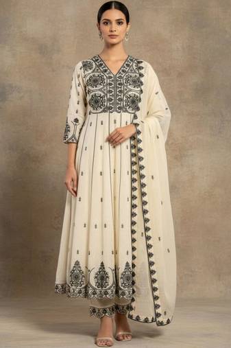 Women Ethnic Motifs Embroidered Panelled Thread Work Pure Cotton Kurta with Trousers & With Dupatta