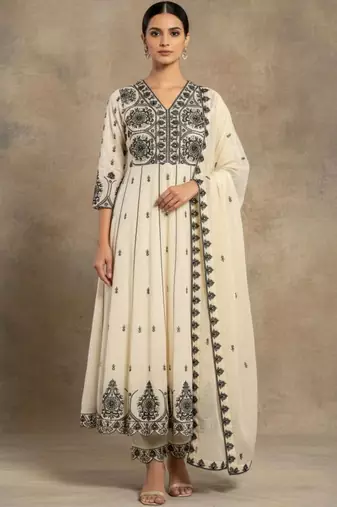 Women Ethnic Motifs Embroidered Panelled Thread Work Pure Cotton Kurta with Trousers & With Dupatta