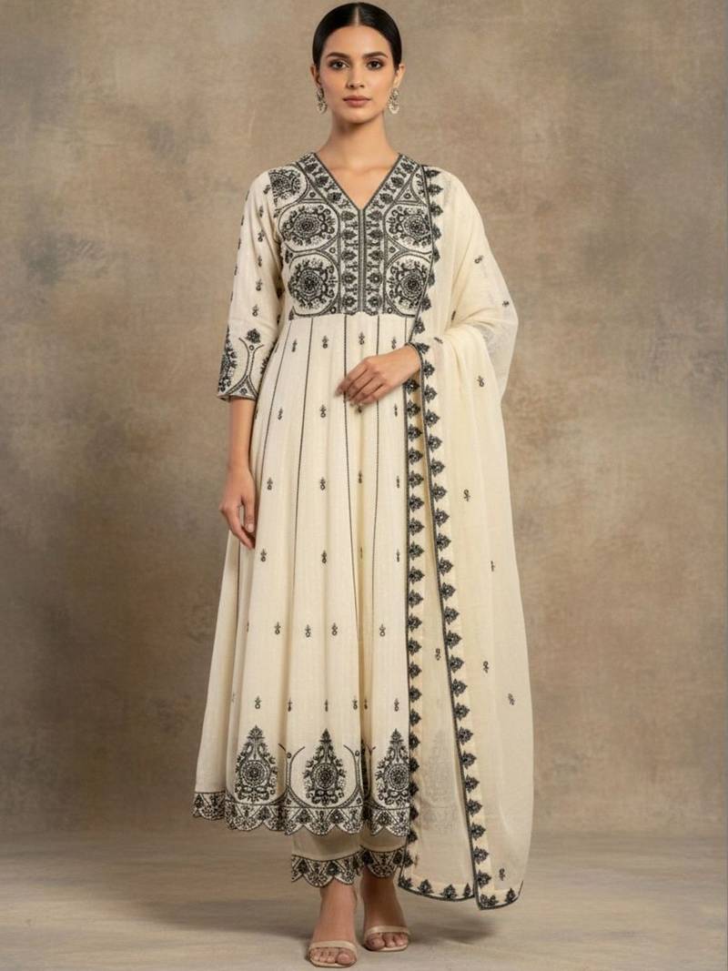 Women Ethnic Motifs Embroidered Panelled Thread Work Pure Cotton Kurta with Trousers & With Dupatta