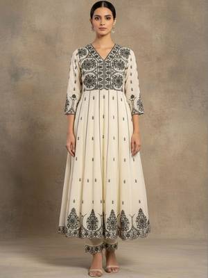 Women Ethnic Motifs Embroidered Panelled Thread Work Pure Cotton Kurta with Trousers & With Dupatta 2
