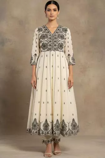 Women Ethnic Motifs Embroidered Panelled Thread Work Pure Cotton Kurta with Trousers & With Dupatta