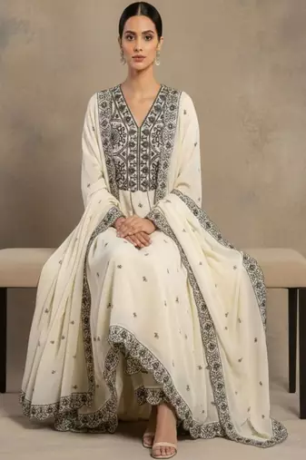 Women Ethnic Motifs Embroidered Panelled Thread Work Pure Cotton Kurta with Trousers & With Dupatta
