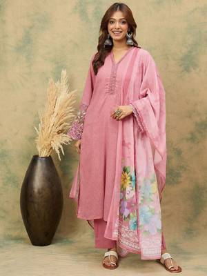 Women Woven Design Regular Beads and Stones Kurta with Trousers & Dupatta 1