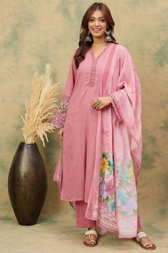 Women Woven Design Regular Beads and Stones Kurta with Trousers & Dupatta