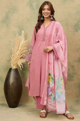 Women Woven Design Regular Beads and Stones Kurta with Trousers & Dupatta