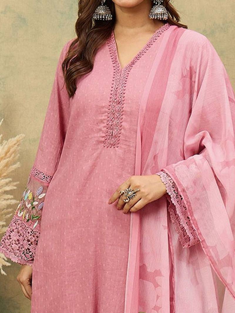 Women Woven Design Regular Beads and Stones Kurta with Trousers & Dupatta