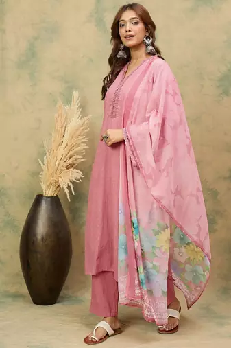 Women Woven Design Regular Beads and Stones Kurta with Trousers & Dupatta