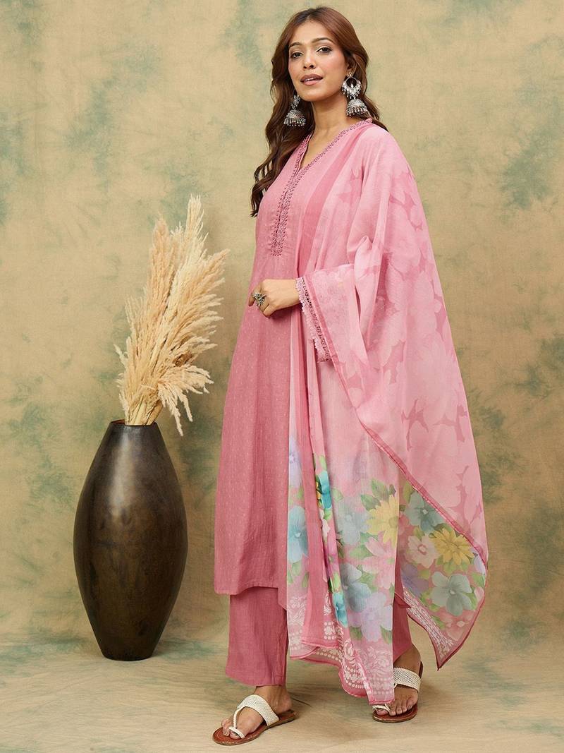 Women Woven Design Regular Beads and Stones Kurta with Trousers & Dupatta