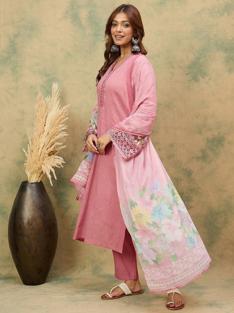 Women Woven Design Regular Beads and Stones Kurta with Trousers & Dupatta