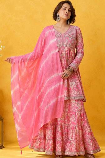 Floral Printed Mirror Work Anarkali Kurta With Sharara & Dupatta