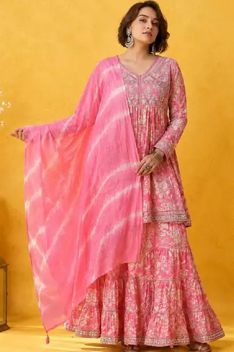 Floral Printed Mirror Work Anarkali Kurta With Sharara & Dupatta