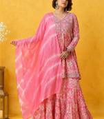 Floral Printed Mirror Work Anarkali Kurta With Sharara & Dupatta