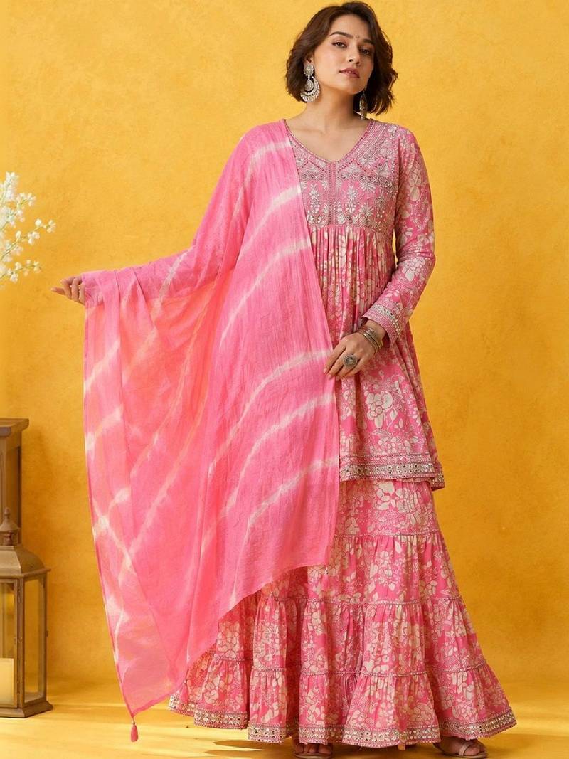 Floral Printed Mirror Work Anarkali Kurta With Sharara & Dupatta