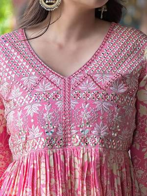 Floral Printed Mirror Work Anarkali Kurta With Sharara & Dupatta 2