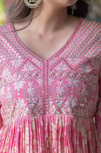 Floral Printed Mirror Work Anarkali Kurta With Sharara & Dupatta