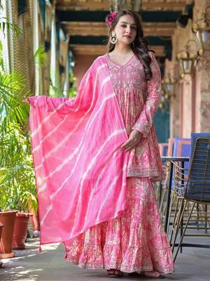 Floral Printed Mirror Work Anarkali Kurta With Sharara & Dupatta 3