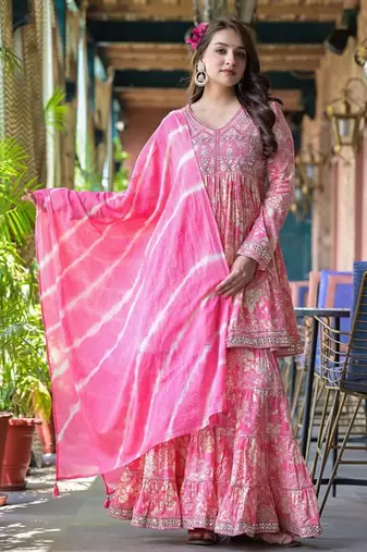 Floral Printed Mirror Work Anarkali Kurta With Sharara & Dupatta