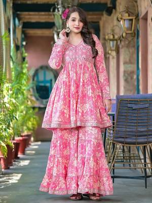 Floral Printed Mirror Work Anarkali Kurta With Sharara & Dupatta 4