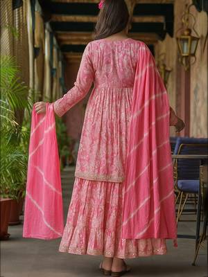 Floral Printed Mirror Work Anarkali Kurta With Sharara & Dupatta 5
