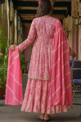 Floral Printed Mirror Work Anarkali Kurta With Sharara & Dupatta