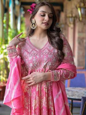 Floral Printed Mirror Work Anarkali Kurta With Sharara & Dupatta 6