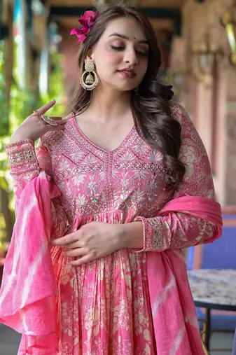 Floral Printed Mirror Work Anarkali Kurta With Sharara & Dupatta