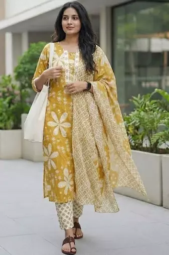 Women Floral Printed Regular Kurta with Trousers & With Dupatta