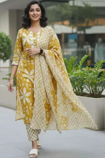 Women Floral Printed Regular Kurta with Trousers & With Dupatta