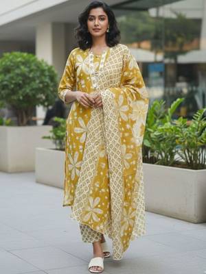 Women Floral Printed Regular Kurta with Trousers & With Dupatta 3