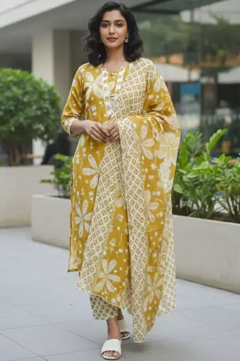Women Floral Printed Regular Kurta with Trousers & With Dupatta