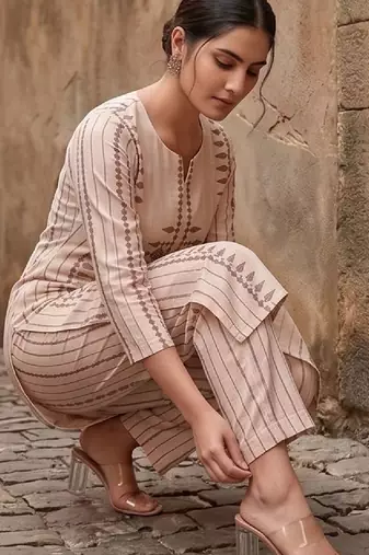 Women Printed Regular Chanderi Silk Kurta with Trousers