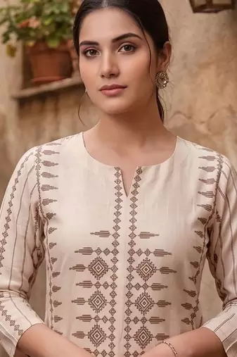 Women Printed Regular Chanderi Silk Kurta with Trousers