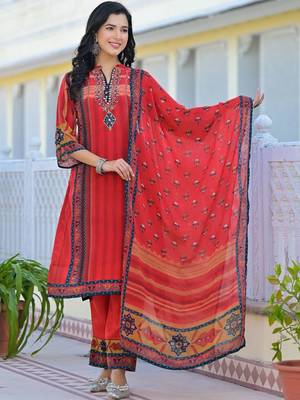 Women Ethnic Motifs Printed Regular Thread Work Kurta with Trousers & With Dupatta 1