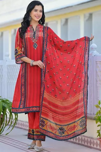 Women Ethnic Motifs Printed Regular Thread Work Kurta with Trousers & With Dupatta