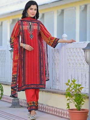 Women Ethnic Motifs Printed Regular Thread Work Kurta with Trousers & With Dupatta 4