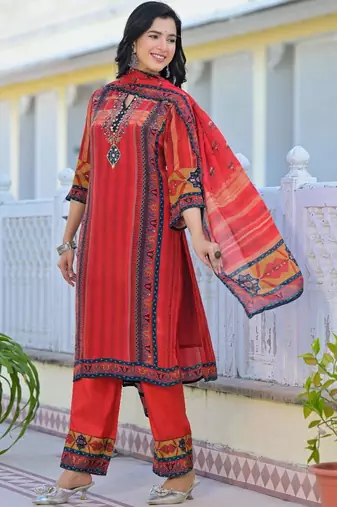 Women Ethnic Motifs Printed Regular Thread Work Kurta with Trousers & With Dupatta
